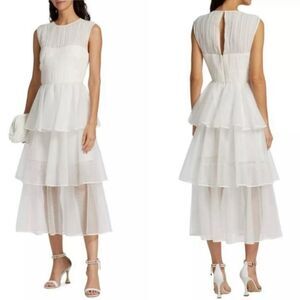 Jonathan Simkhai Benton Size 10 White Silk Pleated Tulle Tiered Midi Dress NWT